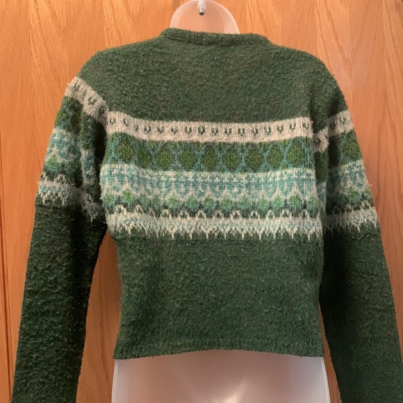 Vintage Y2K Wool Sweater 90s V Neck Cropped Fair Isle Bulldog Green Blue - Picture 3 of 13